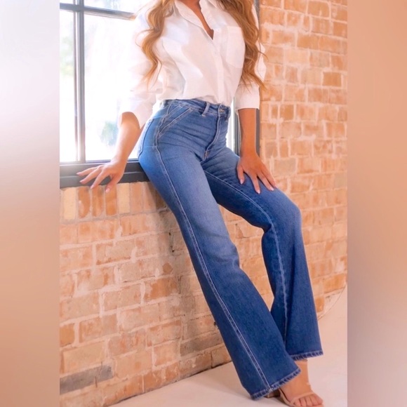 New KanCan High Waisted Stretch Flare Jeans Seamed Pocket Detail - Picture 2 of 10